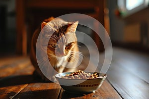 Beautiful red striped cat sitting by a bowl of dry kibble pet food at home