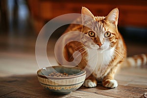 Beautiful red striped cat sitting by a bowl of dry kibble pet food at home