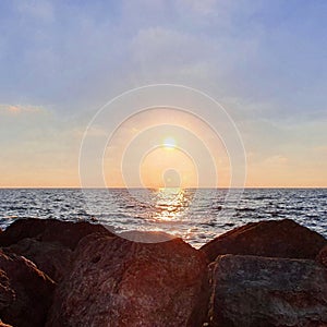 Beautiful red sunset and view on sea. photo