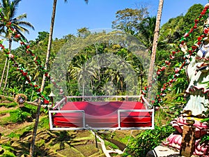Beautiful red swinging chair for having fun in Ubud, Bali with trees on the background. Bali swing