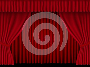 Beautiful red theatre folded curtain drapes on black background