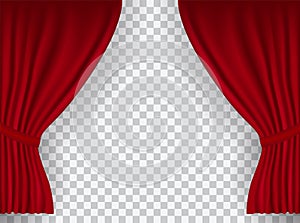 Beautiful red theatre folded curtain drapes on transparent background