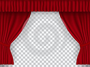 Beautiful red theatre folded curtain drapes on transparent background