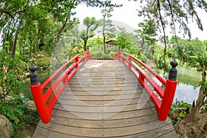 Beautiful red and wood bridge Hiroshima Japan