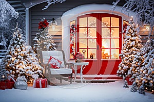 Beautiful red wooden door with Christmas decorations on the porch.