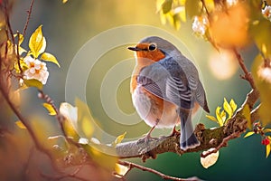 Hermoso pájaro en un árbol sobre el soleado 