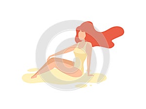 Beautiful Redhead Girl in Swimsuit Sunbathing on Beach on Summer Vacation Vector Illustration