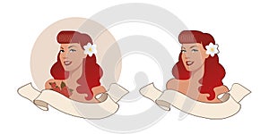 Beautiful redhead and tattooed pinup girl in retro style, wearing flower in her hair and blank text banner on white background