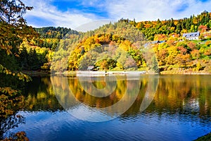 Krásny odraz farebných stromov vo vode jazera počas jesene
