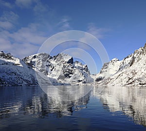 Beautiful reflection of winter mountains in Olenilsoya in Reine, Lofoten Islands, Norway