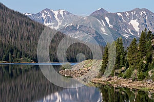 The Never Summer Mountain Range is reflected in the waters of Long Draw Reservoir