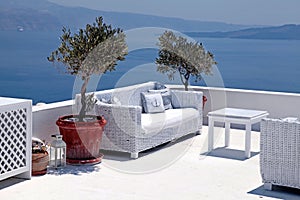 Beautiful relax sea view terrace with white sofa, Santorini, Gre