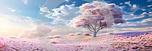 Beautiful relief fields with flowering trees in spring . Generative AI photo