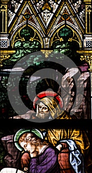 Beautiful religiously decorated windows of the Basilica of St Peter and St Paul at Vysehrad, Prague