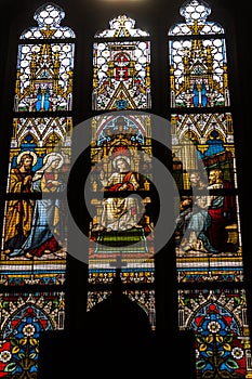 Beautiful religiously decorated windows of the Basilica of St Peter and St Paul at Vysehrad, Prague