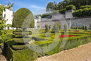 Beautiful renaissance park with chateau Villandry on the background, Loire region, France.