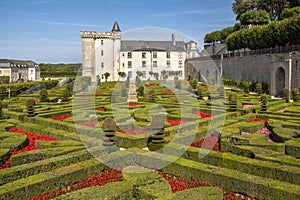 Beautiful renaissance park with chateau Villandry on the background, Loire region, France.