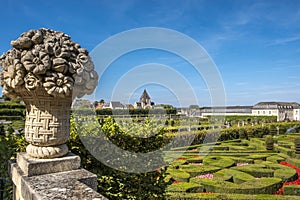 Beautiful renaissance park with historic church on the background, chateau Villandry, Loire region, France.