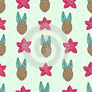 Beautiful repeating pattern. Christmas and winter theme. Pine cones and red flowers. Hand drawn style.