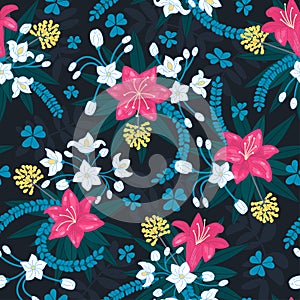 Beautiful repeating pattern. Floral composition. Flowers and leaves. Hand drawn style.