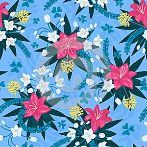 Beautiful repeating pattern. Floral composition. Flowers and leaves. Hand drawn style.