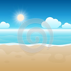 Beautiful resort sunny tropical beach. Calm, peaceful view of the sea, sky, clouds. Background, backdrop, wallpaper. Concept of