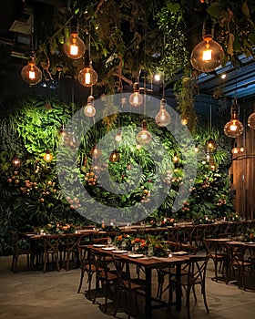 Beautiful restaurant interior with lush greenery and hanging lights, ideal for intimate dinners and gatherings photo