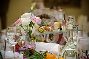 Beautiful restaurant interior table decoration for wedding or event.