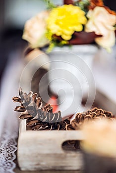 Beautiful restaurant interior table decoration for wedding or event. Flower Wedding Table Decoration/ Autumn colors.