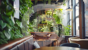 Beautiful restaurant interior view with huge wall windows, green plants wall and eco-friendly furniture.