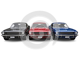 Beautiful restored vintage American muscle cars - blue, red and black