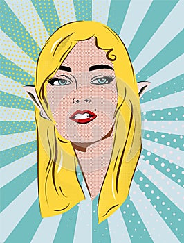 Beautiful retro blonde girl with speech bubble. Blue dot and stripes background. Pop art illustration.