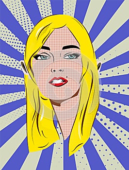 Beautiful retro blonde girl with speech bubble. Blue dot and stripes background. Pop art illustration.