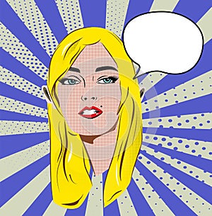 Beautiful retro blonde girl with speech bubble. Blue dot and stripes background. Pop art illustration.