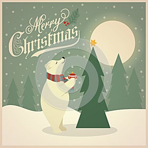 Beautiful retro Christmas card with polar bear and Christmas tree