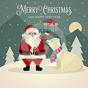 Beautiful retro Christmas card with polar bear and Santa