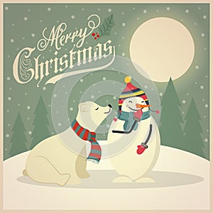 Beautiful retro Christmas card with polar bear and snowman