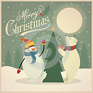 Beautiful retro Christmas card with polar bear, snowman and Christmas tree