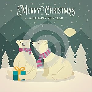 Beautiful retro Christmas card with polar bears couple