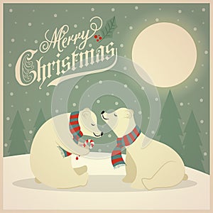 Beautiful retro Christmas card with polar bears couple