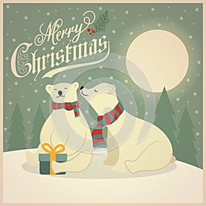 Beautiful retro Christmas card with polar bears couple