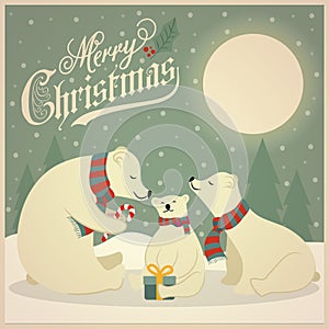 Beautiful retro Christmas card with polar bears family