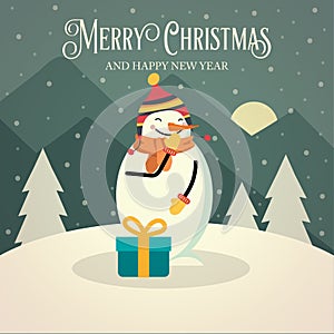 Beautiful retro Christmas card with snowman