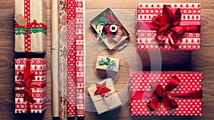 Beautiful retro christmas gift wrapping, xmas concept, DIY desk view from above