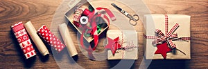 Beautiful retro christmas gift wrapping, xmas concept, DIY desk view from above