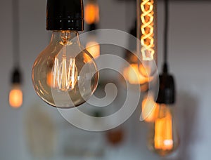 Beautiful retro edison light lamp decor, light lamp electricity hanging decorate home interior. Warm.