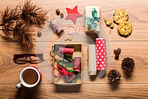 Beautiful retro gift wrapping, desk view from above