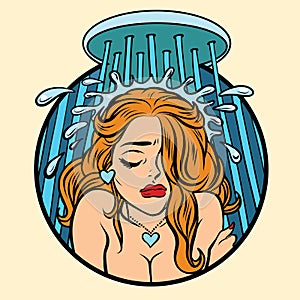 Beautiful retro girl cries in the shower