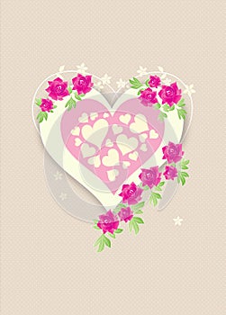 Beautiful retro love heart with pink roses photo