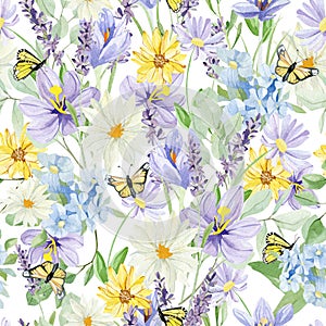 Beautiful retro pastel flowers seamless pattern. Hand painted floral design background with rose, crocus, wildflower